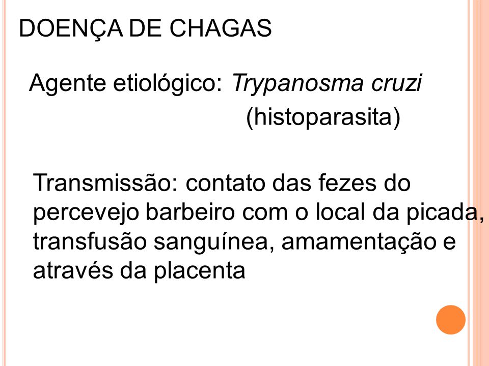 DOENÇA DE CHAGAS Agente etiológico: Trypanosma cruzi. (histoparasita) Transmissão: contato das fezes do.