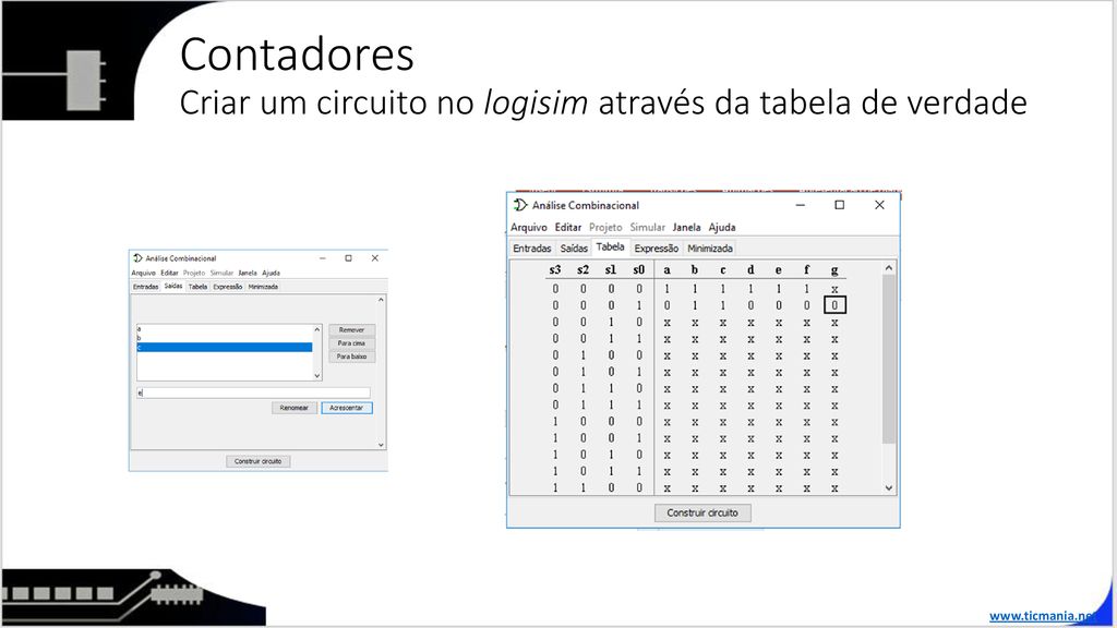 Contadores Criar um circuito no logisim através da tabela de verdade