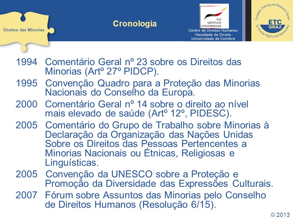 Cronologia Direitos das Minorias. Centro de Direitos Humanos. Faculdade de Direito. Universidade de Coimbra.