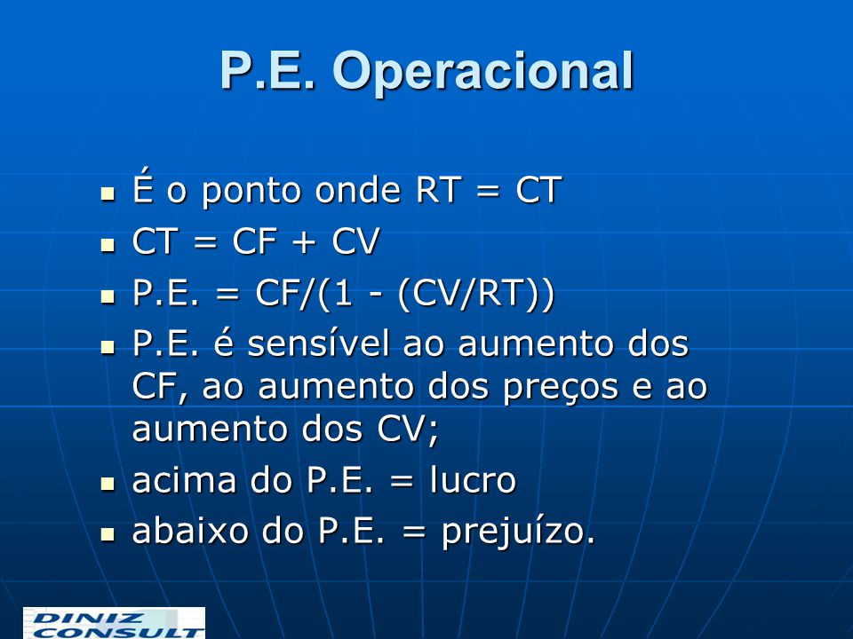 P.E. Operacional É o ponto onde RT = CT CT = CF + CV