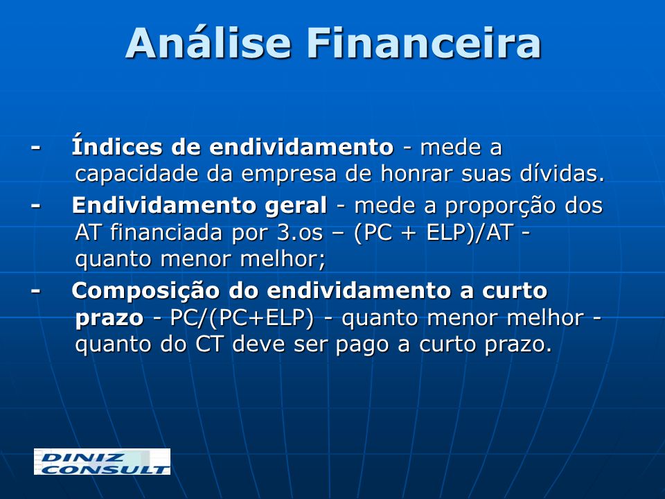 Análise Financeira - Índices de endividamento - mede a capacidade da empresa de honrar suas dívidas.