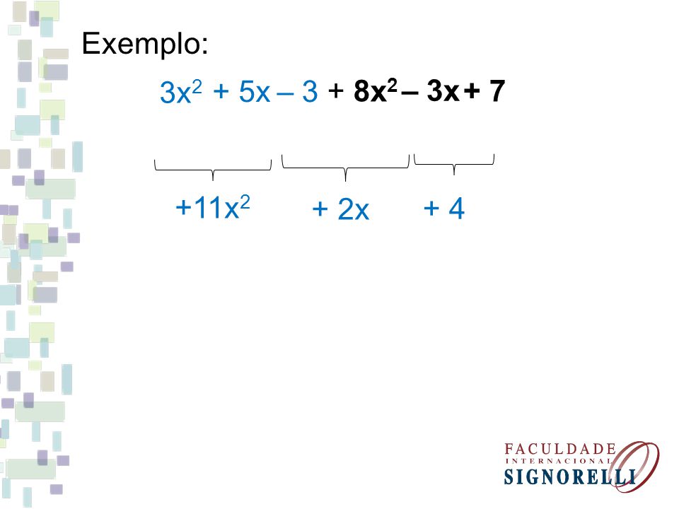 Exemplo: 3x2 + 5x – 3 + 8x2 – 3x x2 + 2x + 4