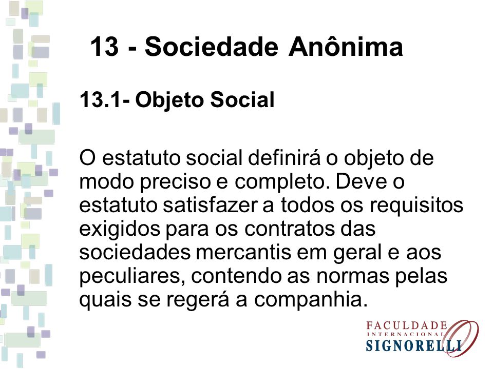 13 - Sociedade Anônima Objeto Social