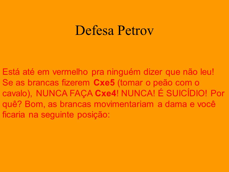 Professor Átila - Xadrez - Conheça a variante Italiana na Defesa Petrov.  ♟️👍 A Defesa Petrov é uma abertura sólida e resiliente caracterizada pelos  movimentos 1.e4 e5 2.Cf3 Cf6 em homenagem aos