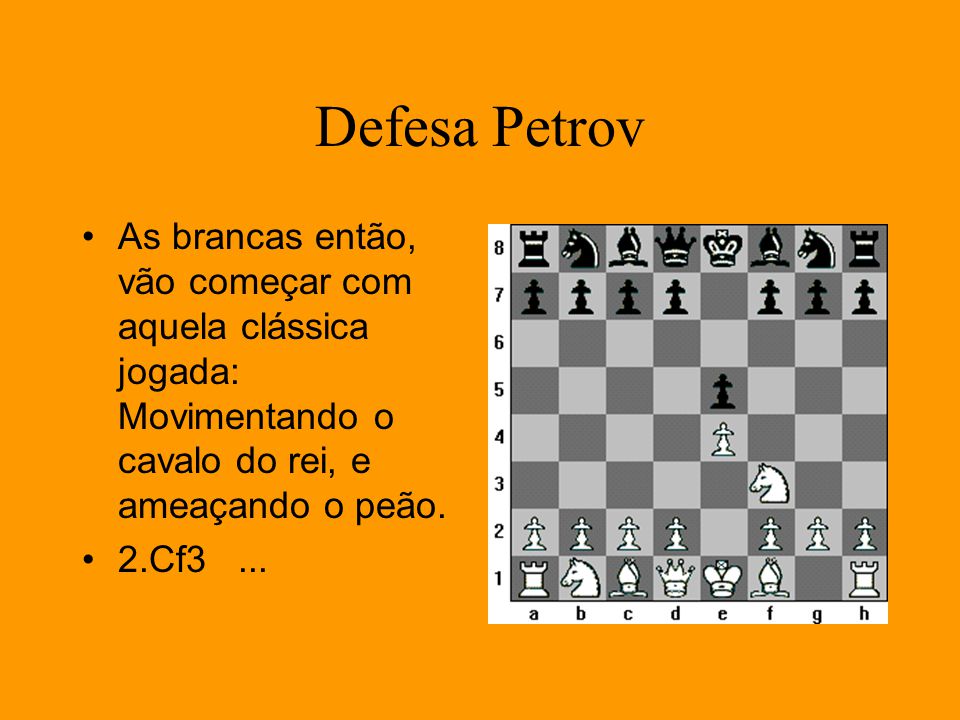 Professor Átila - Xadrez - Conheça a variante Italiana na Defesa Petrov.  ♟️👍 A Defesa Petrov é uma abertura sólida e resiliente caracterizada pelos  movimentos 1.e4 e5 2.Cf3 Cf6 em homenagem aos