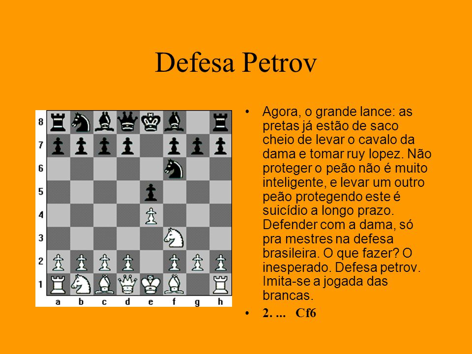 Professor Átila - Xadrez - Conheça a variante Italiana na Defesa Petrov.  ♟️👍 A Defesa Petrov é uma abertura sólida e resiliente caracterizada pelos  movimentos 1.e4 e5 2.Cf3 Cf6 em homenagem aos