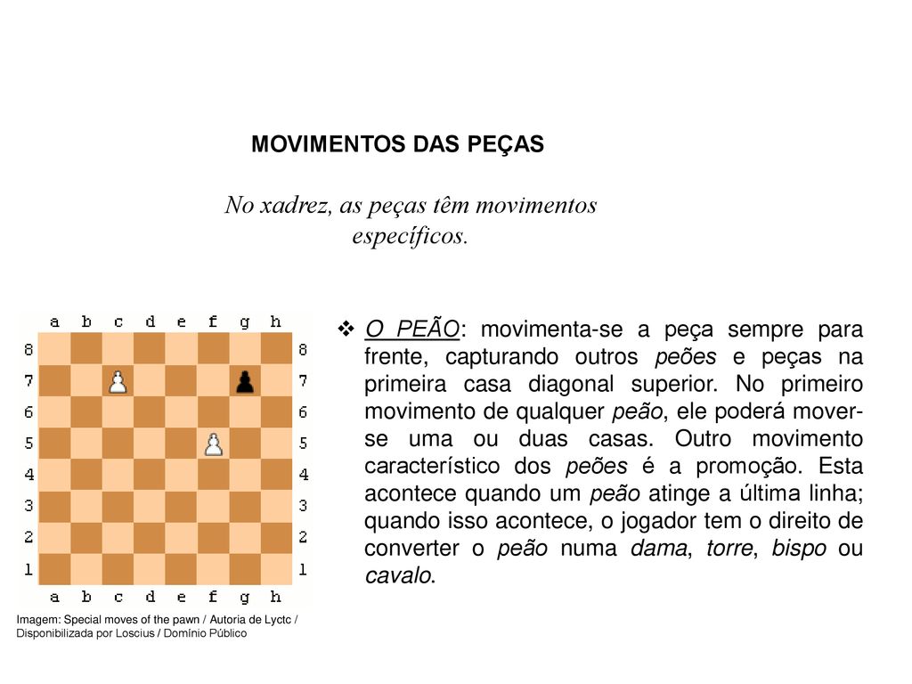 No xadrez, as peças têm movimentos específicos.