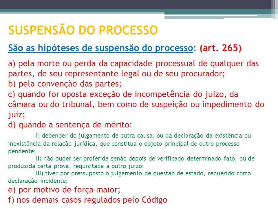 SUSPENSÃO DO PROCESSO São as hipóteses de suspensão do processo: (art