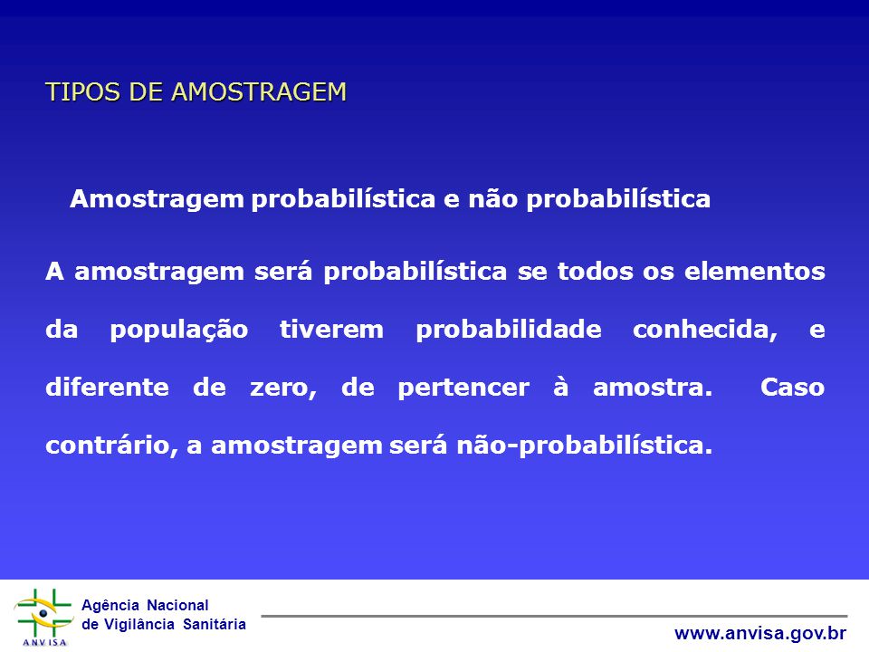 TIPOS DE AMOSTRAGEM Amostragem probabilística e não probabilística.