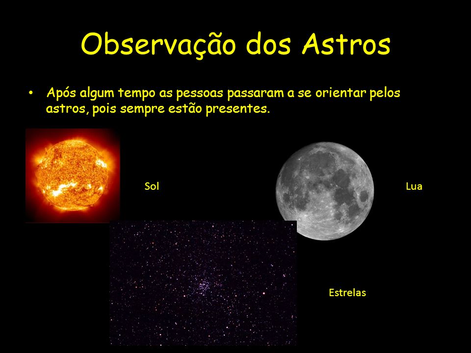 Observação dos Astros Após algum tempo as pessoas passaram a se orientar pelos astros, pois sempre estão presentes.