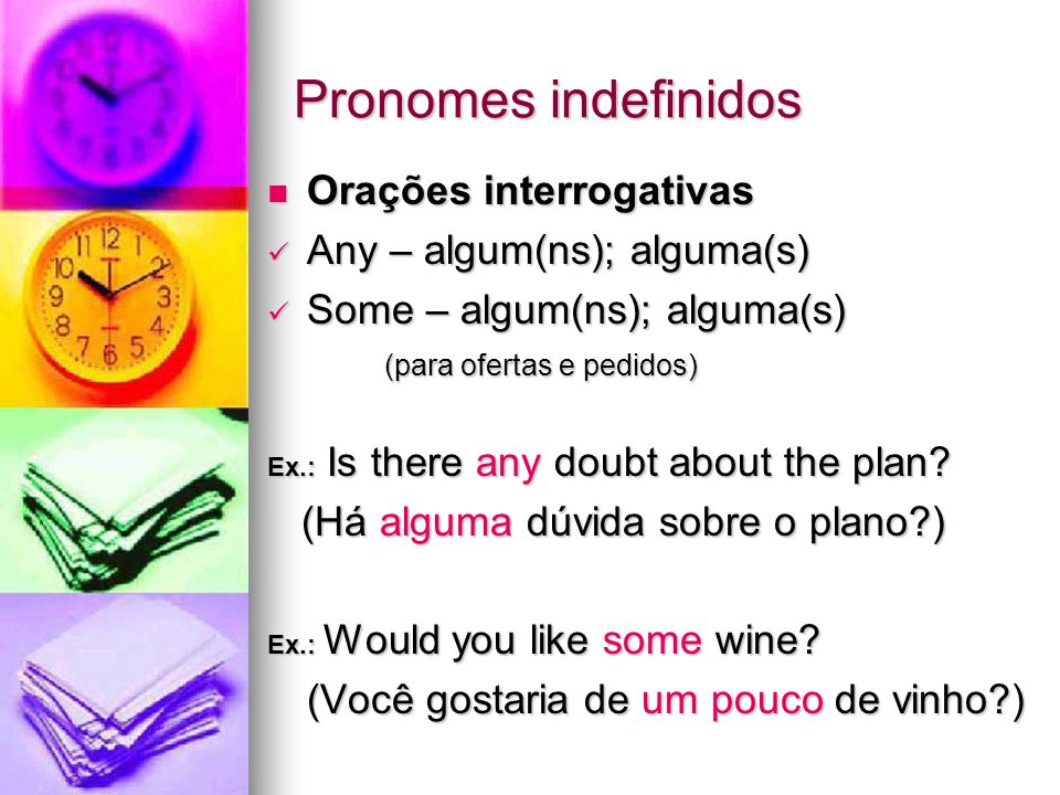 Pronomes indefinidos Orações interrogativas Any – algum(ns); alguma(s)