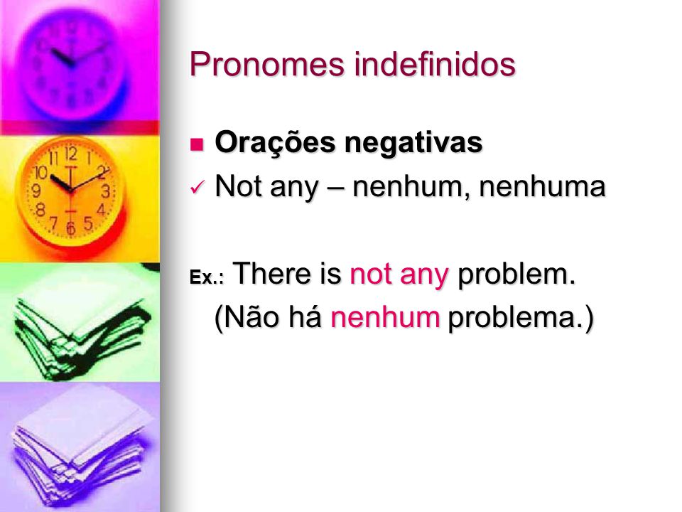 Pronomes indefinidos Orações negativas Not any – nenhum, nenhuma