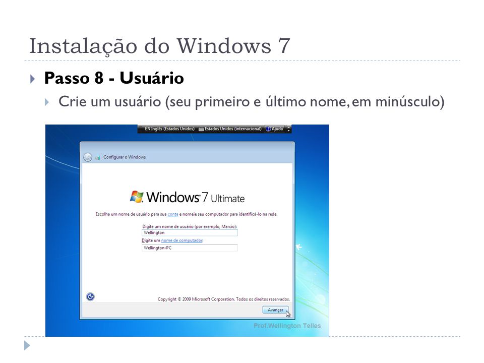 Instalação do Windows 7 Passo 8 - Usuário