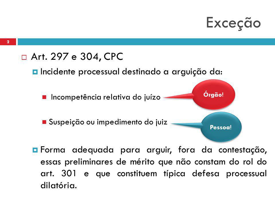 Exceção Art. 297 e 304, CPC. Incidente processual destinado a arguição da: Incompetência relativa do juízo.