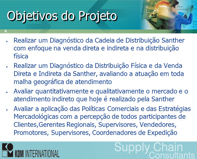 Objetivos do Projeto Realizar um Diagnóstico da Cadeia de Distribuição Santher com enfoque na venda direta e indireta e na distribuição física.