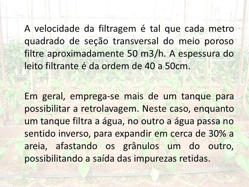A velocidade da filtragem é tal que cada metro quadrado de seção transversal do meio poroso filtre aproximadamente 50 m3/h.
