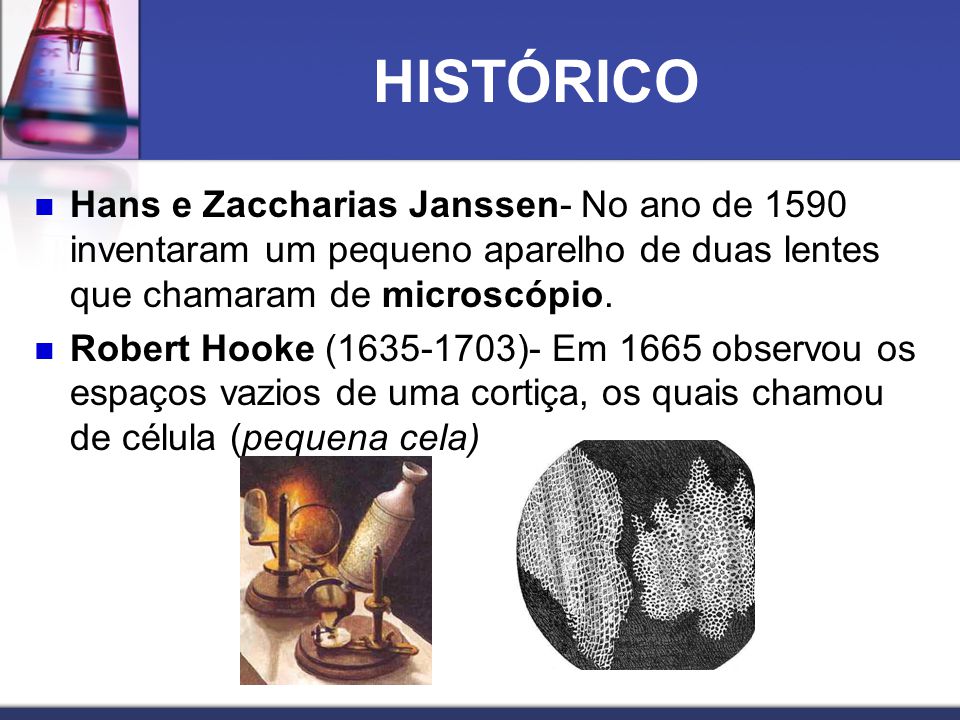 HISTÓRICO Hans e Zaccharias Janssen- No ano de 1590 inventaram um pequeno aparelho de duas lentes que chamaram de microscópio.