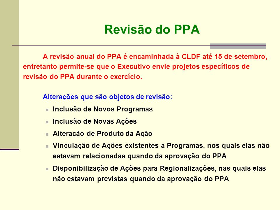 Revisão do PPA Alterações que são objetos de revisão: