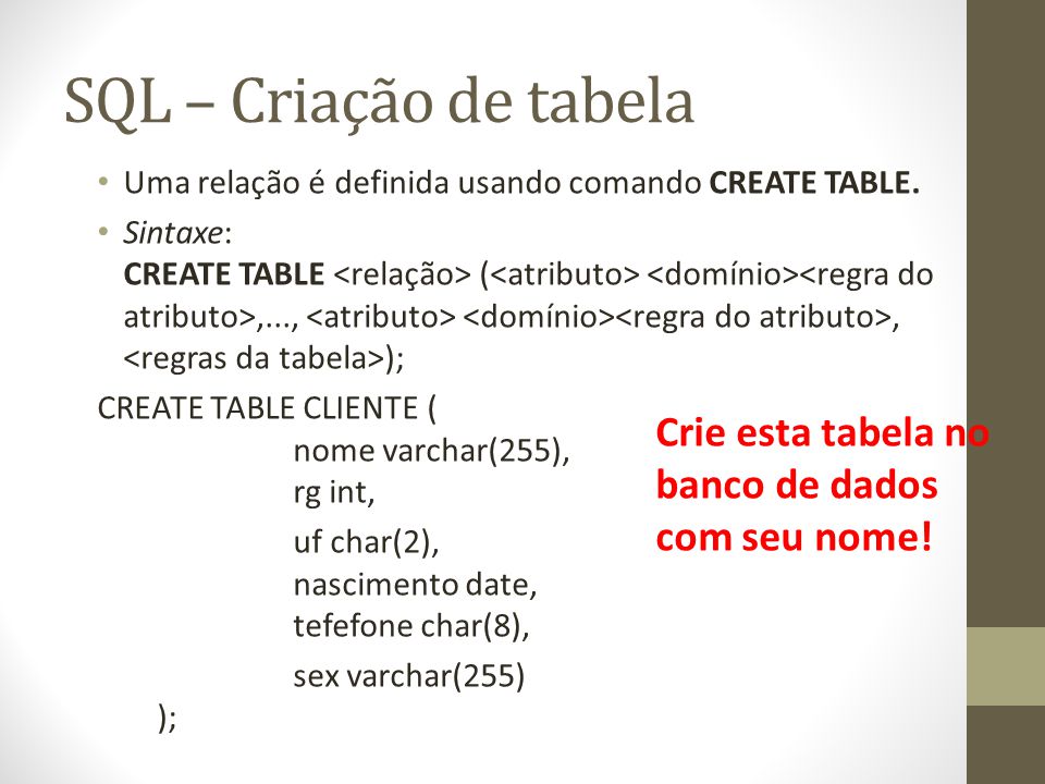 SQL – Criação de tabela Uma relação é definida usando comando CREATE TABLE.