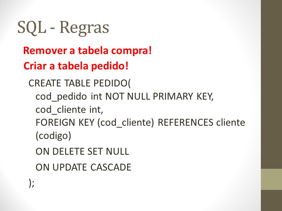 SQL - Regras Remover a tabela compra! Criar a tabela pedido!