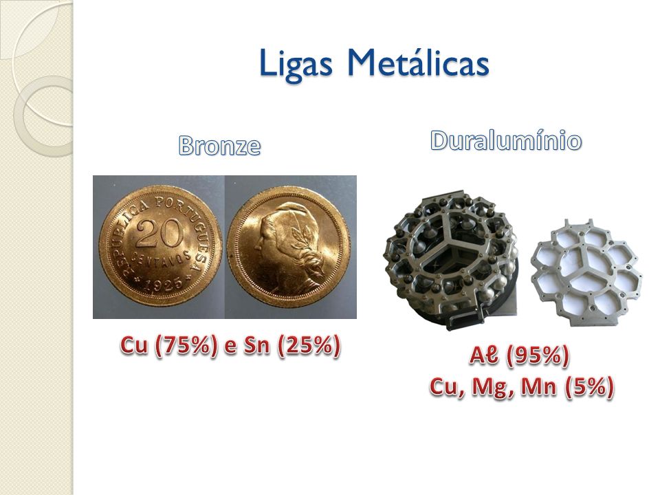 Ligas Metálicas Duralumínio Bronze Cu (75%) e Sn (25%) Aℓ (95%)