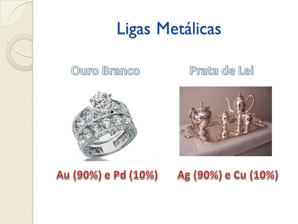 Ligas Metálicas Ouro Branco Prata de Lei Au (90%) e Pd (10%)