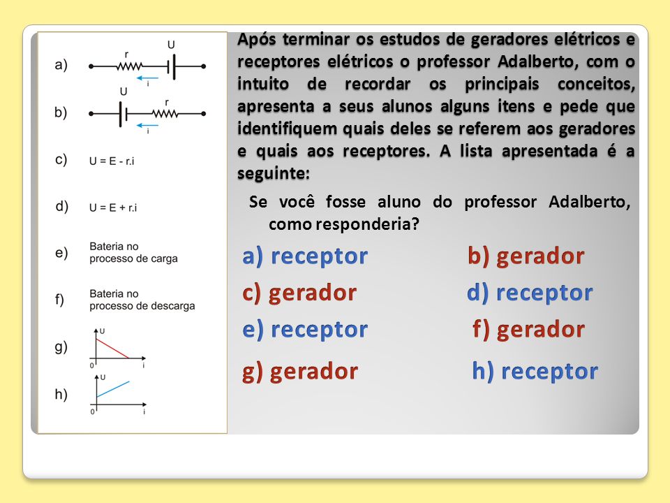 a) receptor b) gerador c) gerador d) receptor e) receptor f) gerador