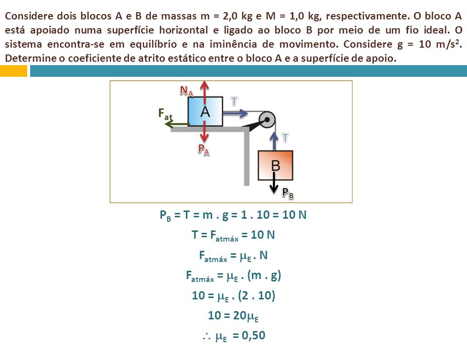 Considere dois blocos A e B de massas m = 2,0 kg e M = 1,0 kg, respectivamente. O bloco A está apoiado numa superfície horizontal e ligado ao bloco B por meio de um fio ideal. O sistema encontra-se em equilíbrio e na iminência de movimento. Considere g = 10 m/s2. Determine o coeficiente de atrito estático entre o bloco A e a superfície de apoio.