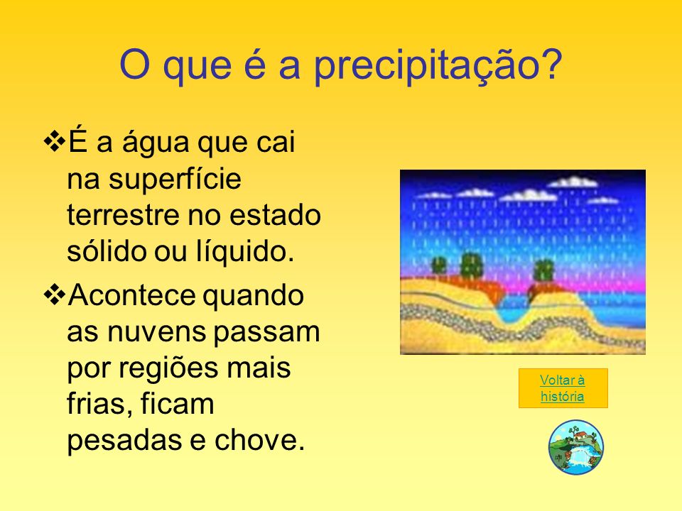 O que é a precipitação É a água que cai na superfície terrestre no estado sólido ou líquido.