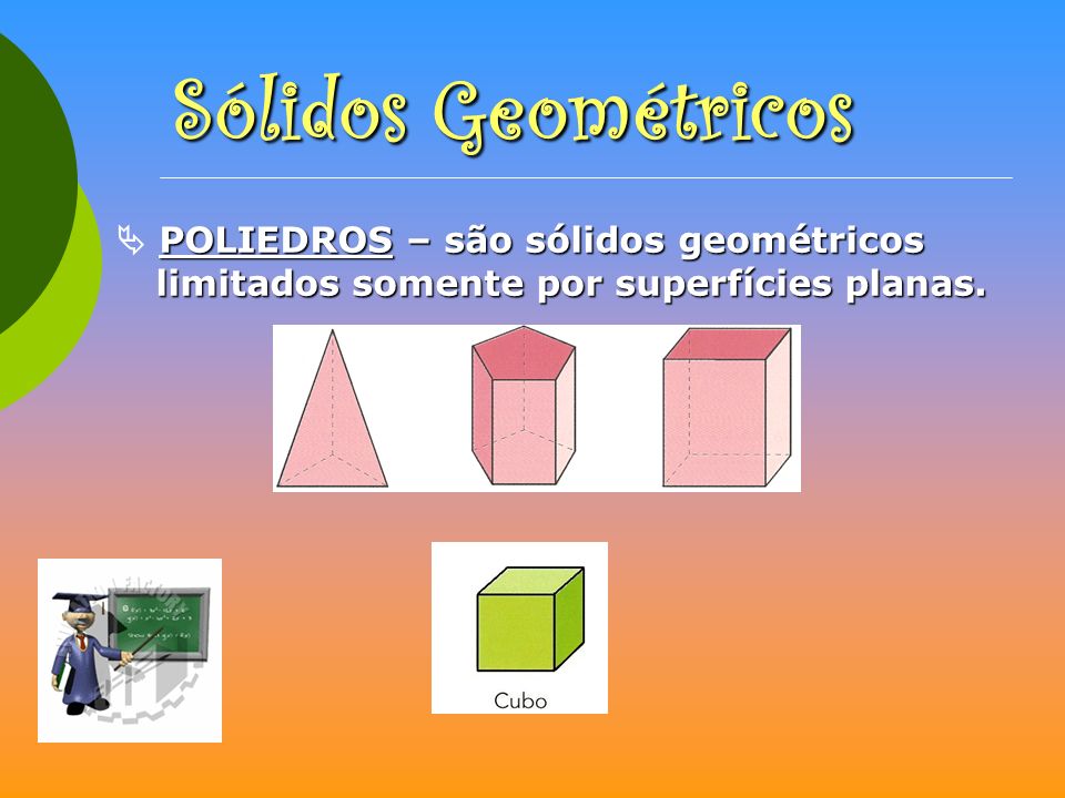 Sólidos Geométricos  POLIEDROS – são sólidos geométricos limitados somente por superfícies planas.