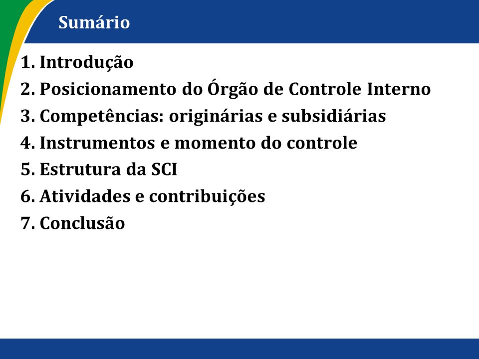 Sumário 1. Introdução. 2. Posicionamento do Órgão de Controle Interno. 3. Competências: originárias e subsidiárias.