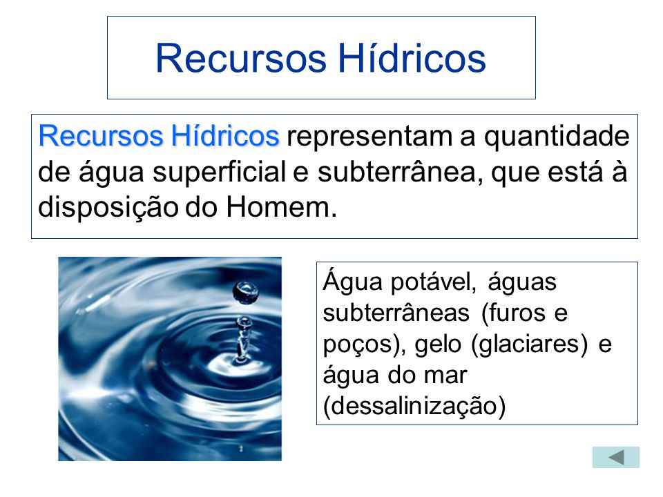 Recursos Hídricos Recursos Hídricos representam a quantidade de água superficial e subterrânea, que está à disposição do Homem.