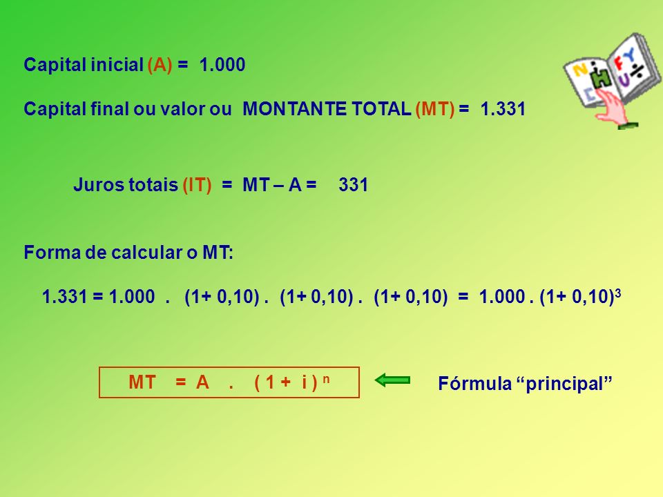 Capital inicial (A) = Capital final ou valor ou MONTANTE TOTAL (MT) = Juros totais (IT) = MT – A = 331.