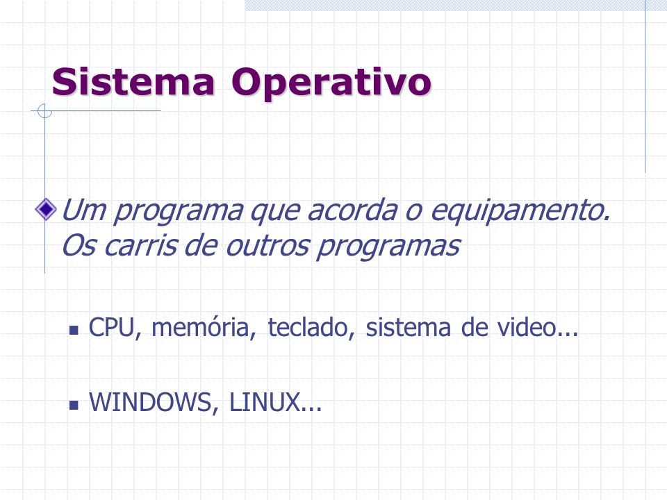 Sistema Operativo Um programa que acorda o equipamento. Os carris de outros programas. CPU, memória, teclado, sistema de video...