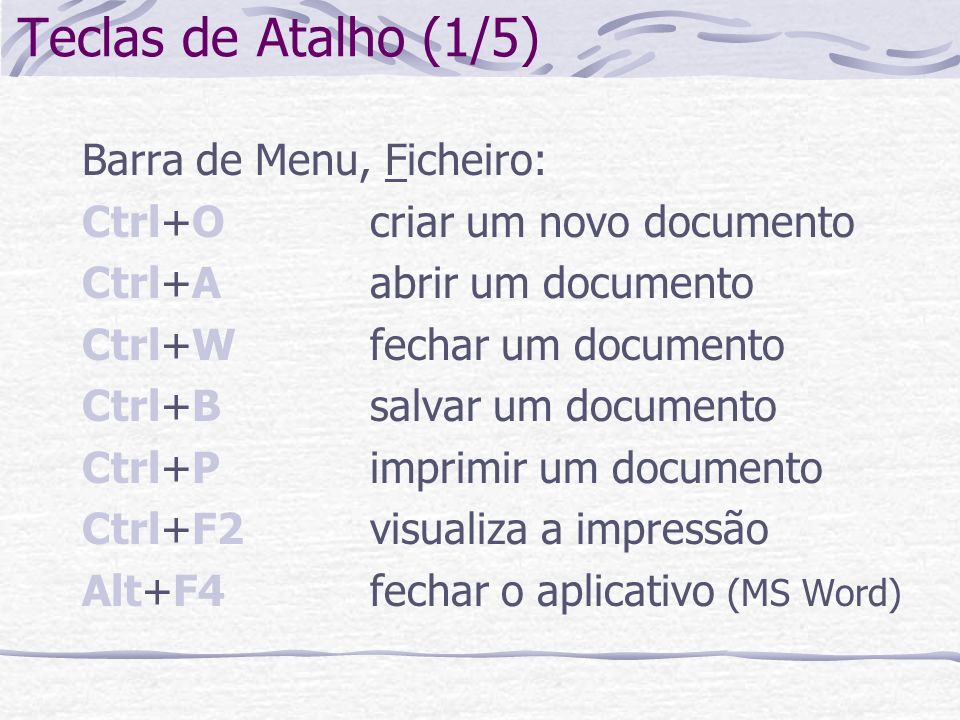Teclas de Atalho (1/5) Barra de Menu, Ficheiro:
