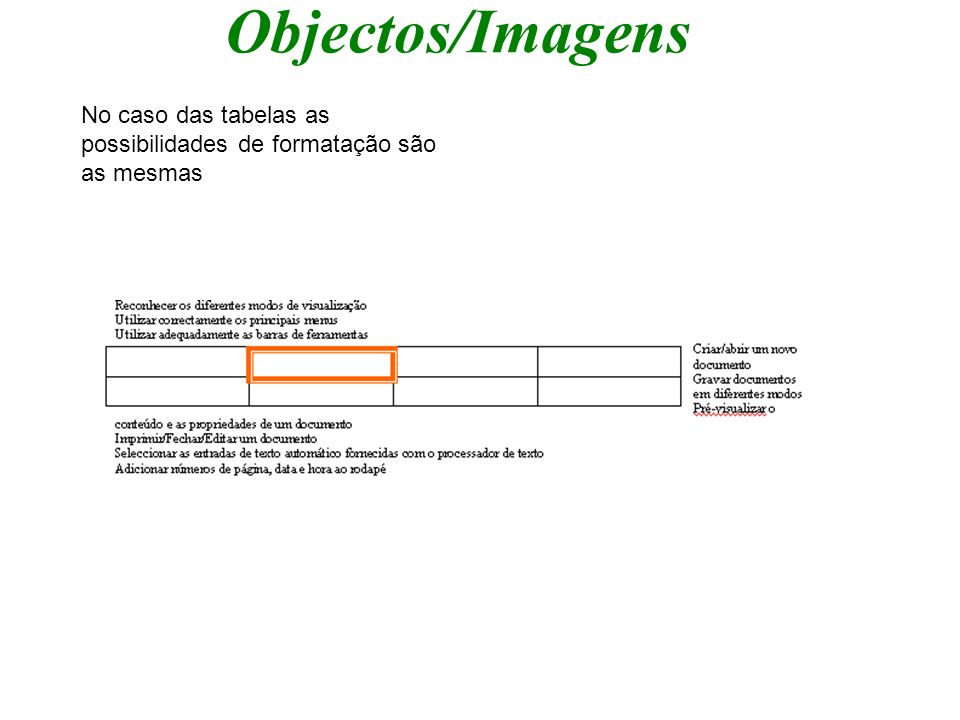 Objectos/Imagens No caso das tabelas as possibilidades de formatação são as mesmas