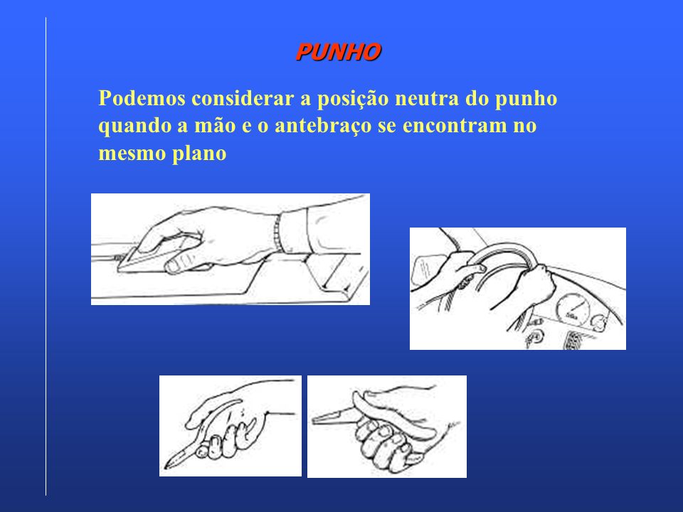PUNHO Podemos considerar a posição neutra do punho quando a mão e o antebraço se encontram no mesmo plano.