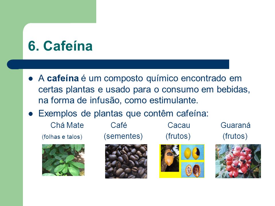 6. Cafeína A cafeína é um composto químico encontrado em certas plantas e usado para o consumo em bebidas, na forma de infusão, como estimulante.