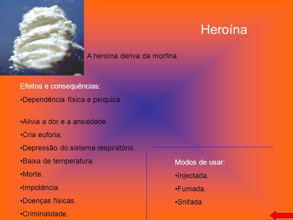 Heroína A heroína deriva da morfina. Efeitos e consequências: