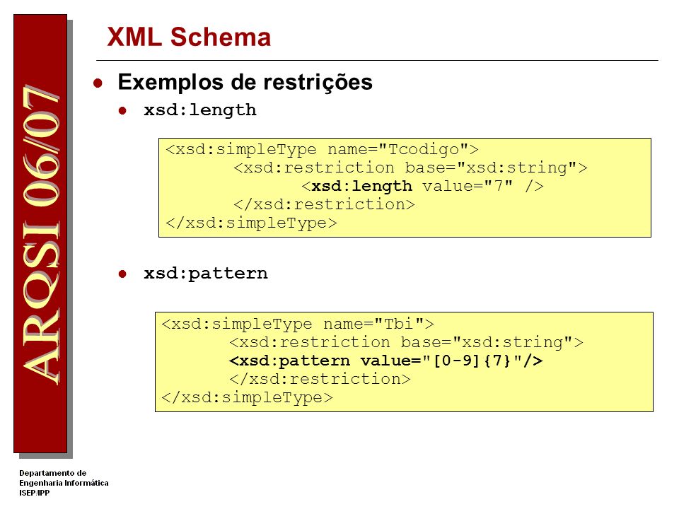 XML Schema Exemplos de restrições xsd:length xsd:pattern