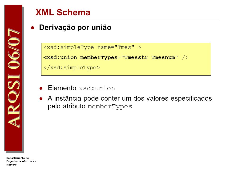 XML Schema Derivação por união Elemento xsd:union