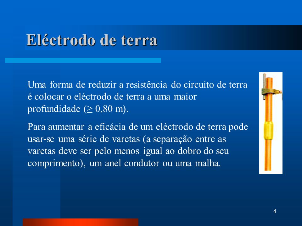 Eléctrodo de terra Uma forma de reduzir a resistência do circuito de terra é colocar o eléctrodo de terra a uma maior profundidade (≥ 0,80 m).