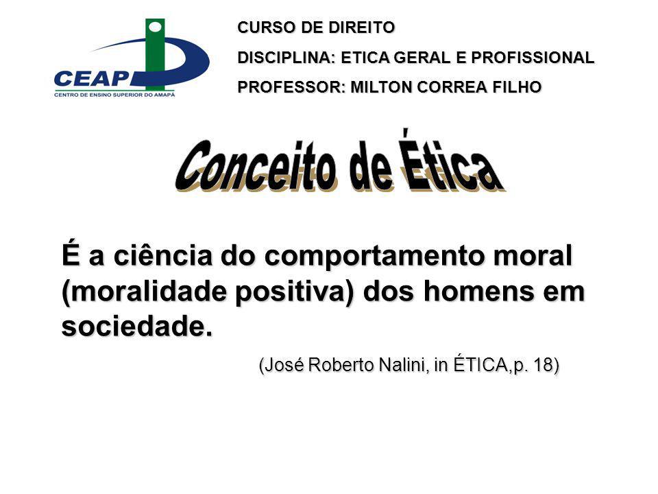 CURSO DE DIREITO DISCIPLINA: ETICA GERAL E PROFISSIONAL. PROFESSOR: MILTON CORREA FILHO. Conceito de Ética.