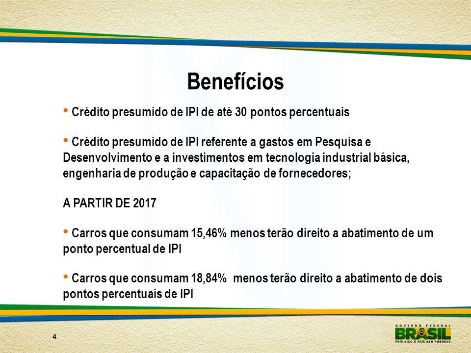 Benefícios Crédito presumido de IPI de até 30 pontos percentuais