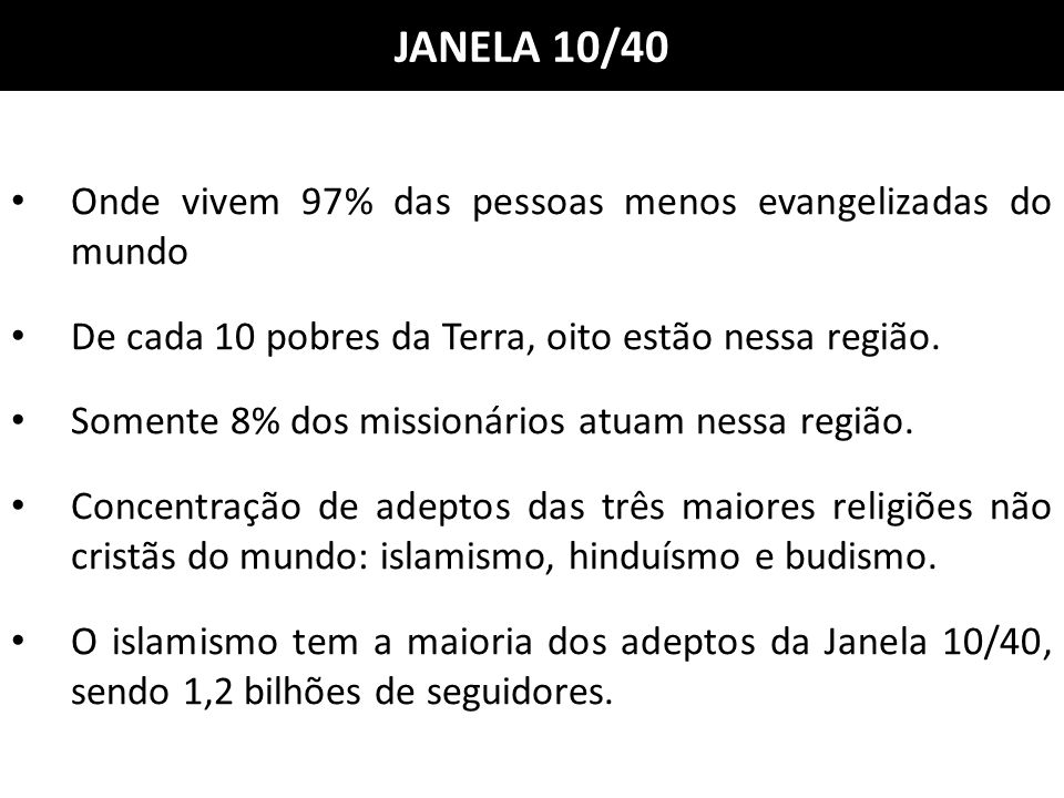 JANELA 10/40 Onde vivem 97% das pessoas menos evangelizadas do mundo
