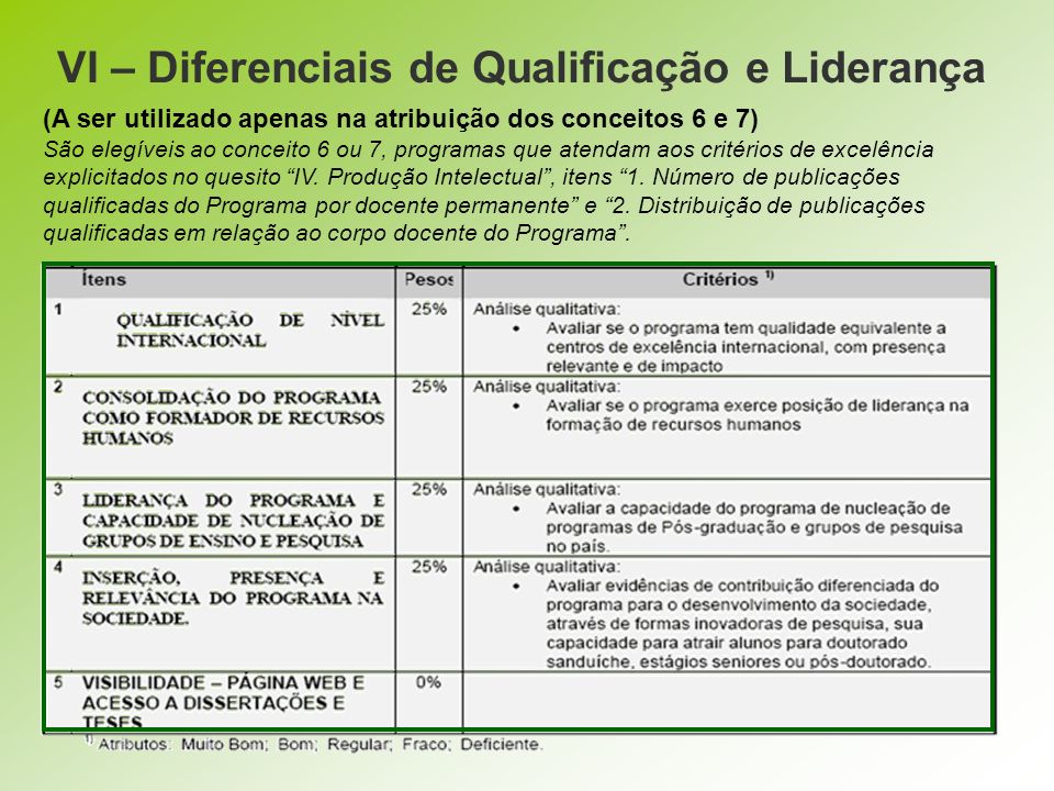 VI – Diferenciais de Qualificação e Liderança