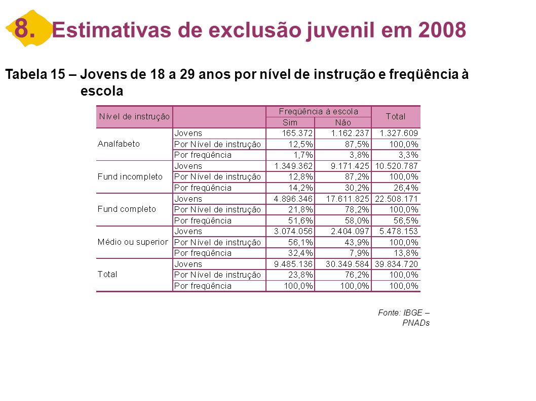 8. Estimativas de exclusão juvenil em 2008