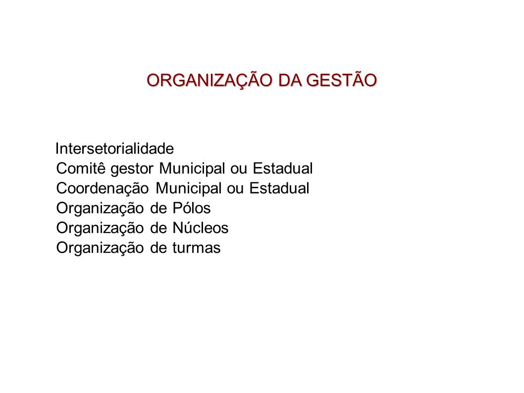 ORGANIZAÇÃO DA GESTÃO Comitê gestor Municipal ou Estadual