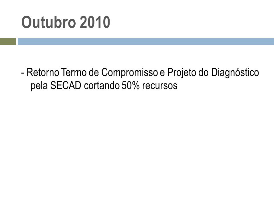 Outubro Retorno Termo de Compromisso e Projeto do Diagnóstico pela SECAD cortando 50% recursos.