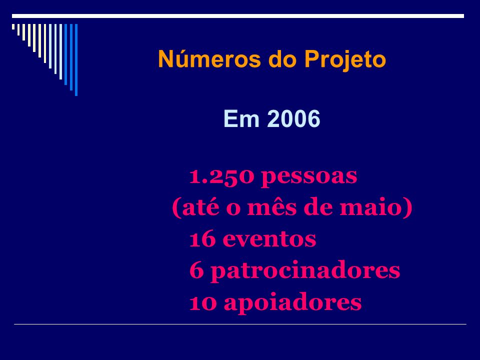 Números do Projeto Em 2006 (até o mês de maio) 16 eventos